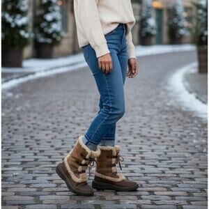 Born Leather Booths Shearling faux fur Lined Lace Up Winter Size 6 Brown Cream